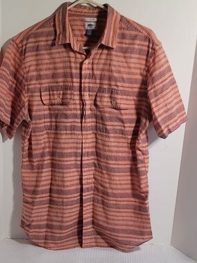 Old Navy Peach and Black Striped Short-Sleeve Button-Down Shirt